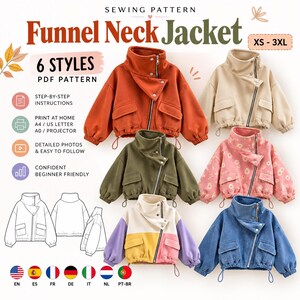 Funnel Neck Jacket Sewing Pattern, 6 Styles, Zip-Front Bomber (PDF Download)