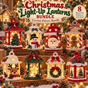 May include: A bundle of eight crocheted Christmas lanterns featuring festive designs including a snowman, Santa Claus, gingerbread man, reindeer, Christmas trees, and wreaths. Each lantern is illuminated with star-shaped cutouts and decorative bows.
