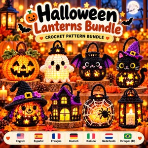 Pode incluir: Um conjunto de padrões de crochê Halloween Lanterns Bundle com oito designs distintos: uma abóbora, um fantasma, um morcego, um gato preto, uma bruxa, uma casa assombrada, uma teia de aranha e uma lanterna clássica, iluminados com luz.
