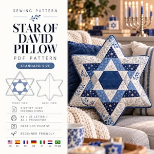 May include: A Star of David pillow PDF sewing pattern featuring a six-pointed star design in shades of blue and white with floral and star motifs. The document includes front and back view diagrams, step-by-step instructions, and format options.