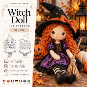 Puede incluir: Un patrón de costura para una muñeca bruja con el texto Witch Doll PDF Pattern XS-3XL. La muñeca tiene cabello rizado naranja brillante, un sombrero de bruja negro con un lazo naranja y un vestido morado con estampado de murciélagos.
