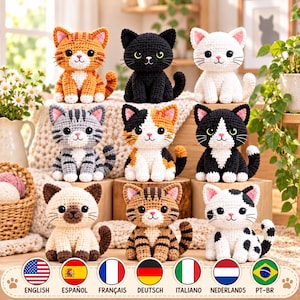 9 Amigurumi Cat Crochet Patterns, Tabby, Black, Calico, Tuxedo (Digital Download)