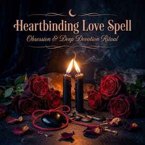 Può includere: Due candele nere con fiamme accese si trovano tra grappoli di rose rosso scuro. Un piccolo oggetto nero a forma di cuore è legato con uno spago rosso. Il testo "Heartbinding Love Spell" e "Obsession & Deep Devotion Ritual" appare sopra le candele.