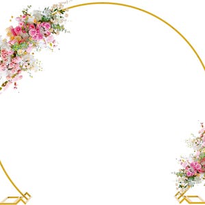 May include: A large circular gold metal arch frame featuring two floral arrangements attached to the upper left and lower right sections. The flowers consist of various shades of pink, white, and cream blossoms with green foliage.