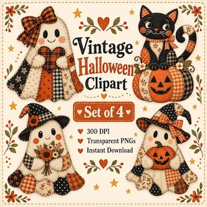 Könnte beinhalten: Eine digitale Sammlung von vier Halloween-Illustrationen mit Patchwork-Geistern und einer schwarzen Katze auf einem Kürbis. Der Text lautet Vintage Halloween Clipart, Set of 4, 300 DPI, Transparent PNGs und Instant Download mit orangen Sternen.