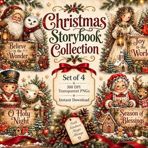 May include: A digital graphic set featuring four Christmas scenes with Santa, an angel, a drummer, and Mrs. Claus, each with a wooden sign displaying text like Believe in the Wonder, Joy to the World, O Holy Night, and Season of Blessings.