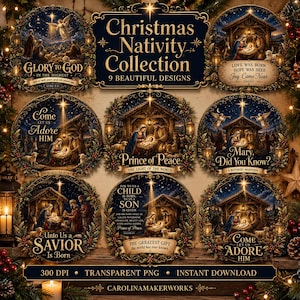 May include: A digital collection of nine circular Christmas nativity scenes featuring ornate gold frames, festive greenery, and religious text. Each design depicts the birth of Jesus in a stable with stars, angels, and lanterns in dark blue tones.