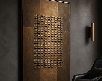 Arte geométrico en bronce y oro, cuadrícula repetitiva, decoración alta y llamativa.
