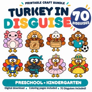 Può includere: Un pacchetto di lavoretti stampabili intitolato Turkey in Disguise con 70 travestimenti. L'immagine mostra otto tacchini dei cartoni animati vestiti da axolotl, croissant, raviolo, calciatore, giocatore di football, ninja, principessa e taco.
