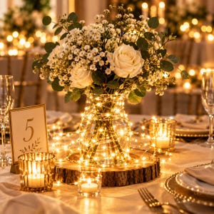 May include: A clear glass vase filled with white roses and baby's breath, wrapped in warm fairy lights. The vase sits on a circular wooden slice centerpiece, surrounded by small glass votive candle holders and a table number card with the number 5.