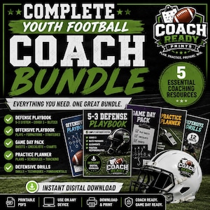 May include: A digital youth football coach bundle featuring five essential resources including a defense playbook, offensive playbook, game day pack, practice planner, and defensive drills. The graphic includes a white football helmet and text.