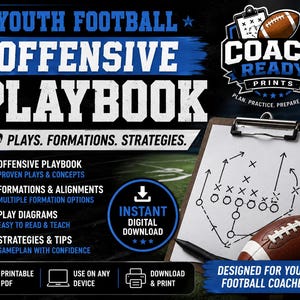 May include: A digital graphic for a Youth Football Offensive Playbook featuring the text "YOUTH FOOTBALL OFFENSIVE PLAYBOOK" and "PLAYS. FORMATIONS. STRATEGIES." A clipboard with a play diagram, a football, and an instant digital download icon.