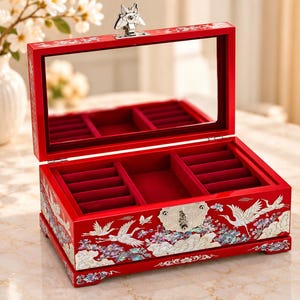 May include: A rectangular red jewelry box with a hinged lid and an interior mirror. The exterior features intricate white and iridescent mother-of-pearl inlay depicting cranes and floral motifs. It includes a metal latch and red velvet lining.