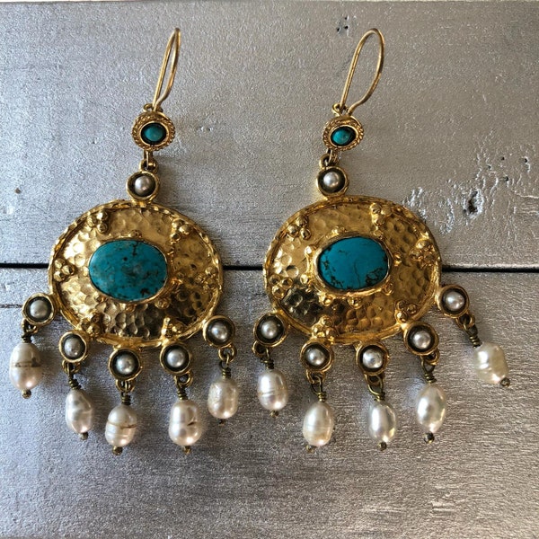 Handcrafted Turkish Jewelry Gemstone Turquoise Pearl 24k Gold Plated Bronze Earrings