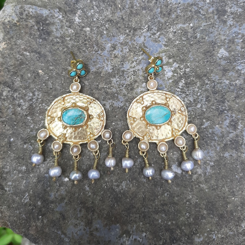 Turkish Jewelry Earrings Gemstone Turquoise Pearl 24k Gold Plated Bronze