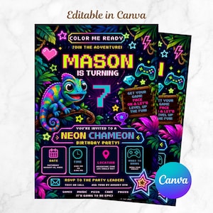 May include: A digital birthday party invitation featuring a neon-coloured chameleon, a large pixelated number 7, and gaming icons against a dark jungle background. Text includes "Mason is turning 7," "Neon Chameleon Birthday Party," and "Color Me Ready."