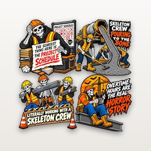 Puede incluir: Una ilustración gráfica con esqueletos en ropa de construcción. El texto incluye: The scariest thing here is the project schedule, Skeleton crew pouring to the bone, Literally working with a skeleton crew y Overtime hours are the real horror story.