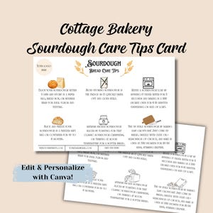 May include: A white rectangular Sourdough Care Tips Card featuring black text, wheat illustrations, and icons for bread, a fridge, an oven, and a cutting board. The card includes instructions for storing, refreshing, and reviving bread, with a placeholder for a logo.