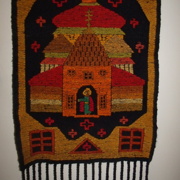 Vintage Artistic Tapestry - Wool Yarn - Welcoming Figure into a Church W/Crosses and Windows - Coloful