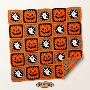 May include: A crochet blanket featuring a grid of alternating square motifs. One set of squares displays orange jack-o'-lanterns with black faces, while the other set shows white ghosts on black backgrounds. The text PDF PATTERN is visible.