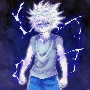 May include: An anime-style illustration of a character with spiky white hair, wearing a light-colored sleeveless shirt and blue shorts. The character is surrounded by glowing blue electrical bolts against a dark, deep purple background.