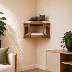 Wall Mounted Corner Cat Bed for Two Cats, Solid Pine Double-Level Cat Furniture