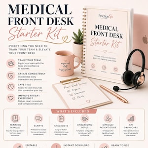 May include: A Medical Front Desk Starter Kit featuring a spiral-bound manual, a pink mug with the text organized staff happy patients, a clipboard with Front Desk Success text, a rose gold pen, and a black headset, all displayed on a white background.
