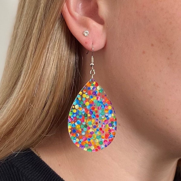 Colorful Rainbow Confetti Dots Print Acrylic Dangle Earrings *choose size