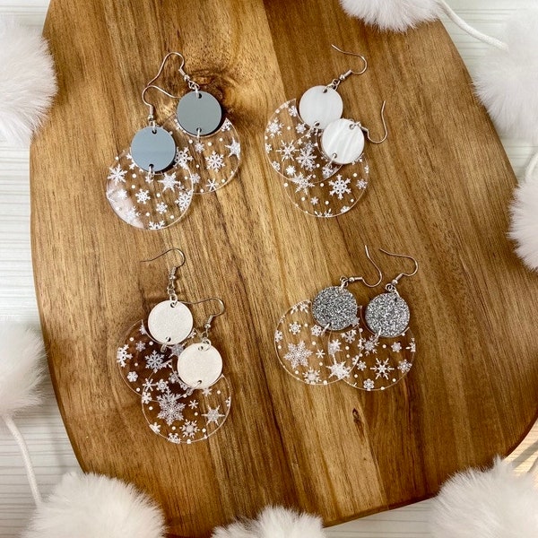 White Snowfall Winter Acrylic Dangle Earrings *choose accent color