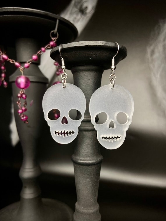 Halloween Frosted Skull Acrylic Dangle Earrings Etsy