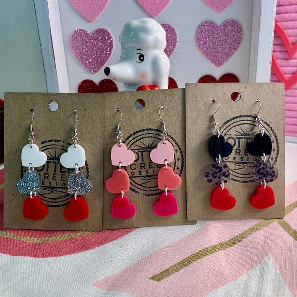 Triple Heart Valentine Acrylic Dangle Earrings *Choose Style