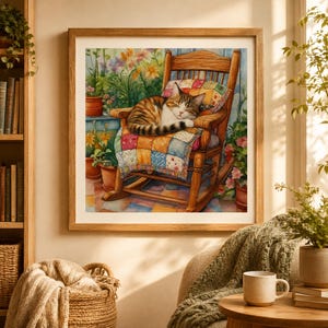 May include: A framed wall art print depicting a brown tabby cat sleeping on a wooden rocking chair. The chair is covered with a colorful patchwork quilt. The scene is set in a garden with potted flowers in shades of orange, pink, and green.