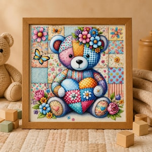 May include: A framed square wall art piece featuring a colourful patchwork teddy bear holding a large heart. The bear is decorated with floral patterns, blue and pink checks, and polka dots. A crown of flowers sits on its head, with butterflies nearby.