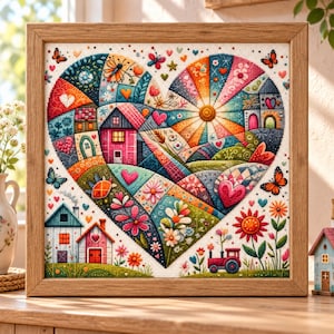 May include: A framed cross-stitch embroidery featuring a large heart shape composed of colourful patchwork sections. The design includes small houses, flowers, butterflies, a sunburst, and a red tractor, all rendered in vibrant thread colours on white fabric.