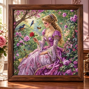 May include: A framed cross-stitch embroidery depicting a person with long blonde hair wearing a purple gown, holding a red rose in a garden setting with pink flowers, green foliage, two blue birds, and two butterflies, all enclosed in a dark wood frame.