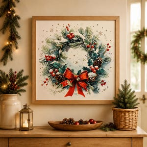 May include: A square framed wall art print featuring a festive holiday wreath illustration. The wreath is composed of green pine branches, red berries, and brown pinecones, accented with a large red bow and a light dusting of white snow.