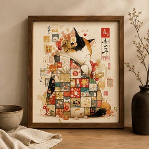 May include: A framed wall art print featuring a calico cat wearing a kimono made of a patchwork of colorful squares with floral patterns. The cat has its eyes closed and is adorned with small flowers. Japanese characters and red stamps are visible.