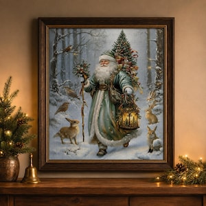 May include: A framed diamond painting depicting a bearded figure in a long, sage green coat with white fur trim, carrying a decorated Christmas tree on their back and a glowing lantern, surrounded by rabbits and birds in a snowy forest setting.
