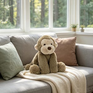 May include: A plush monkey toy with soft, shaggy brown fur, a lighter beige face, and a dark brown nose. The stuffed animal is seated in an upright position, featuring rounded ears and long arms and legs, crafted from a textured, fuzzy material.