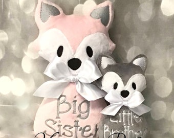 Big Sister Pink Fox / Little Brother Gray Fox Doll & Rattle Set