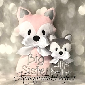 Big Sister Pink Fox / Little Brother Gray Fox Doll & Rattle Set
