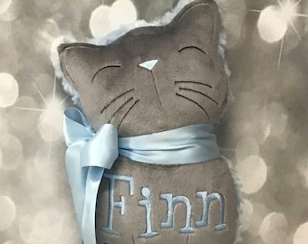 Personalized Soft, Cuddly Gray and Light Blue Sweet Kitty Soft Toy
