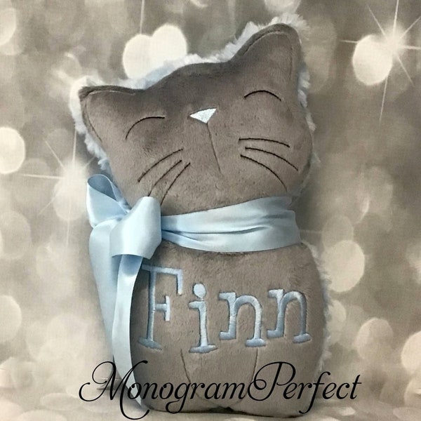 Personalized Soft, Cuddly Gray and Light Blue Sweet Kitty Soft Toy