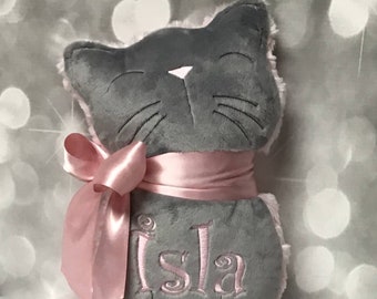 Personalized Soft, Cuddly Gray and Pink Sweet Kitty Soft Toy