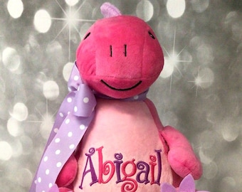 Dinosaurio de peluche rosa y morado personalizado con monograma, juguete suave