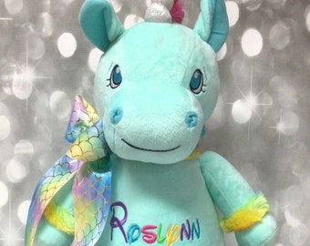 Rainbow Personalized Aqua Unicorn Stuffed Animal w/rainbow trim