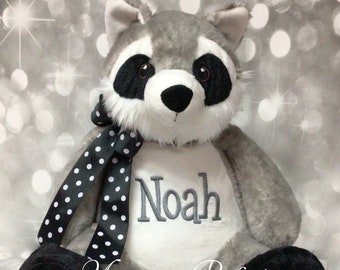 Noah is Already Personalized on this Gray Raccoon Stuffed Animal