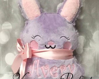 Personalized, Soft, Stuffed Happy Bunny - Purple & Light Pink