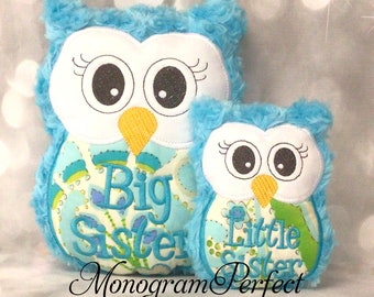 Ready to Ship - Big Sister, Little Sister Teal Blue Owl Soft Toy Set