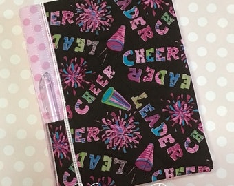 Brown and Pink Polka Dot Cheerleader Fabric Composition Reusable Notebook Cover with Pen Holder (Pen not included, but the notebook is)